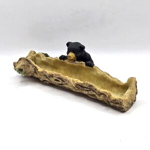 Rare Rustic Black Bear And Log Resin Display Burner Ashtray Cabin Decor 7" Long